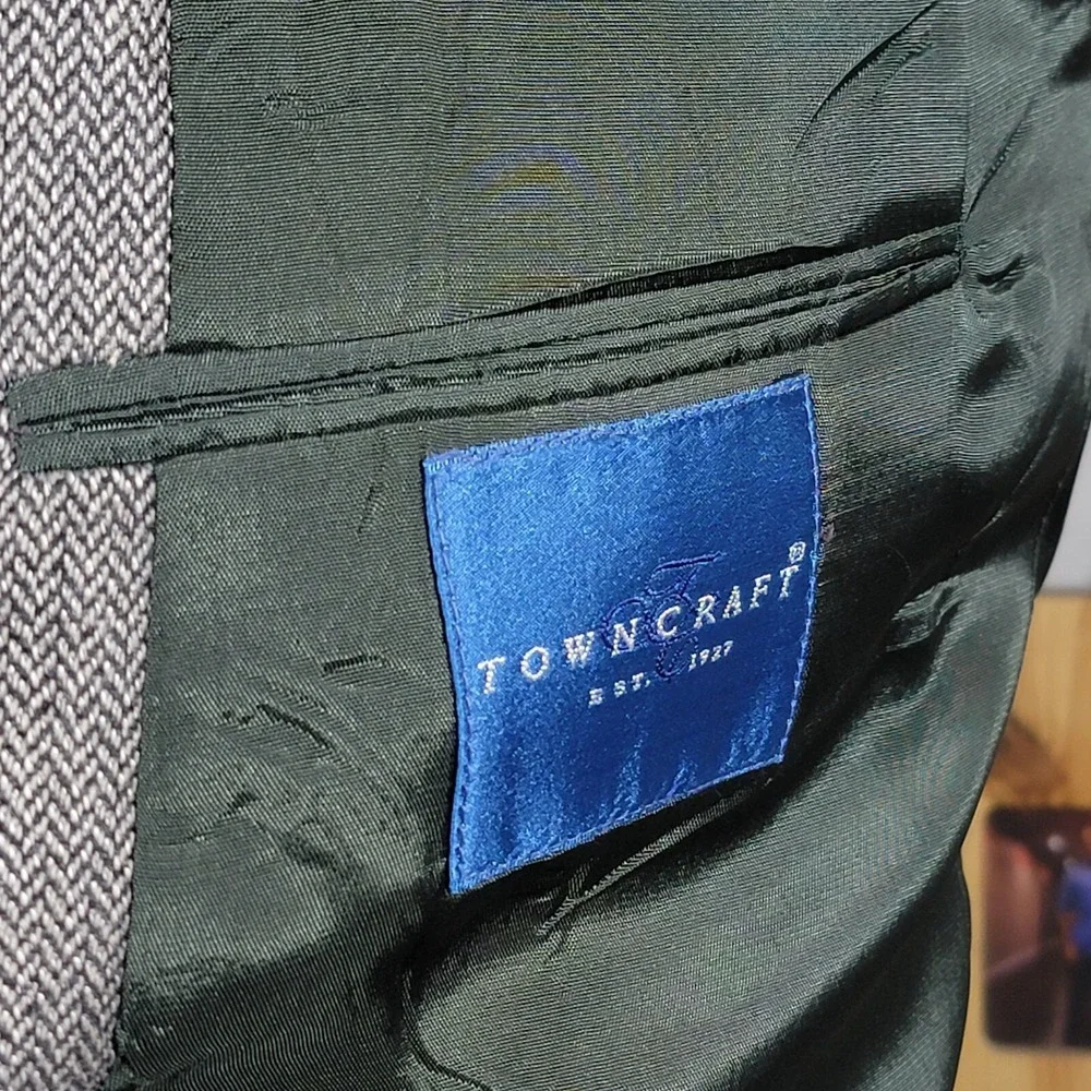 Town Craft Mens Sport Coat Blazer Two Button Gray Herringbone Silk Poly Wool 43L